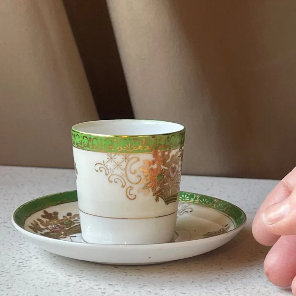 Hand Painted SGK China Demitasse Cup & Saucer Set With Gold & Green Floral Desig